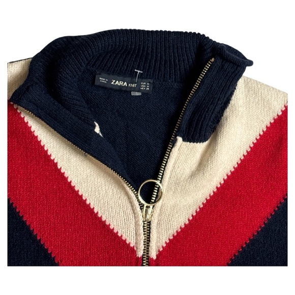 Zara Blue and Red Cowl Neck Sweater with Chevron Design - Picture 2 of 5